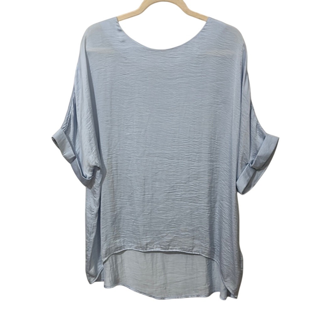 Glam Baby Blue Blouse Boat Neck Short Sleeves Cuffed